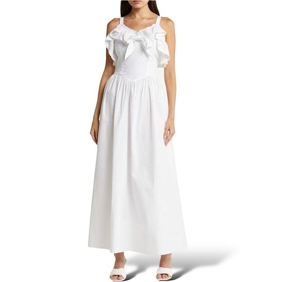 BATSHEVA A-Line Maxi Dress White Size 2 Eyelet Lace Ruffle‎ Corset Shape Bodice - Picture 1 of 15